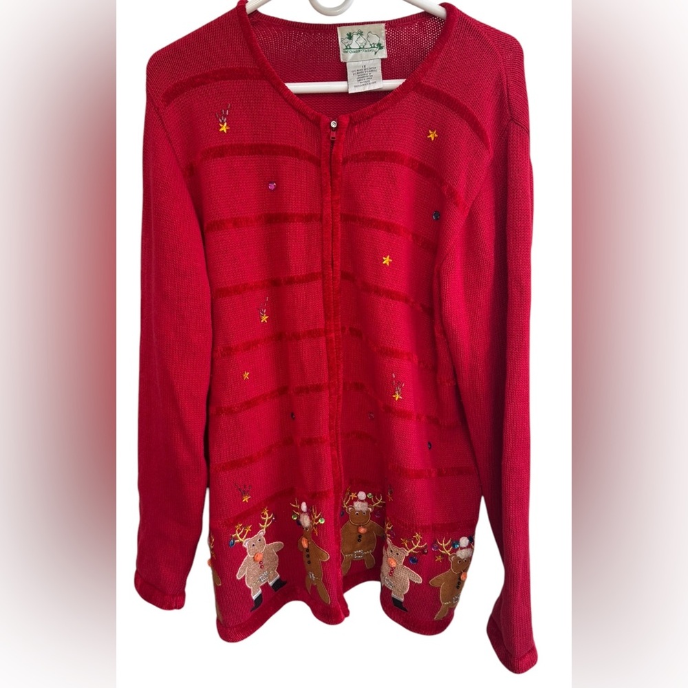 The Quacker Factory Christmas Reindeer Sweater Cardigan Zip Up Women’s 1X